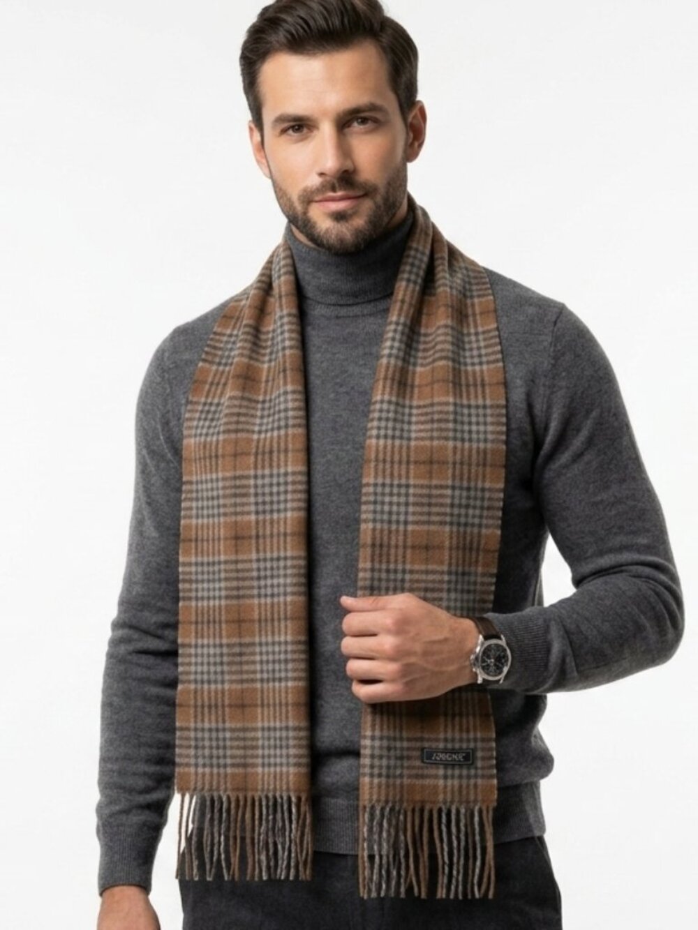 NWT JOE ONE 100% Cashmere Tan Gray Plaid Scarf